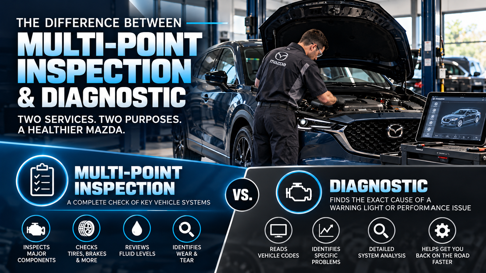 Service advisor reviewing a multi-point inspection report with a Mazda owner at Romano Mazda