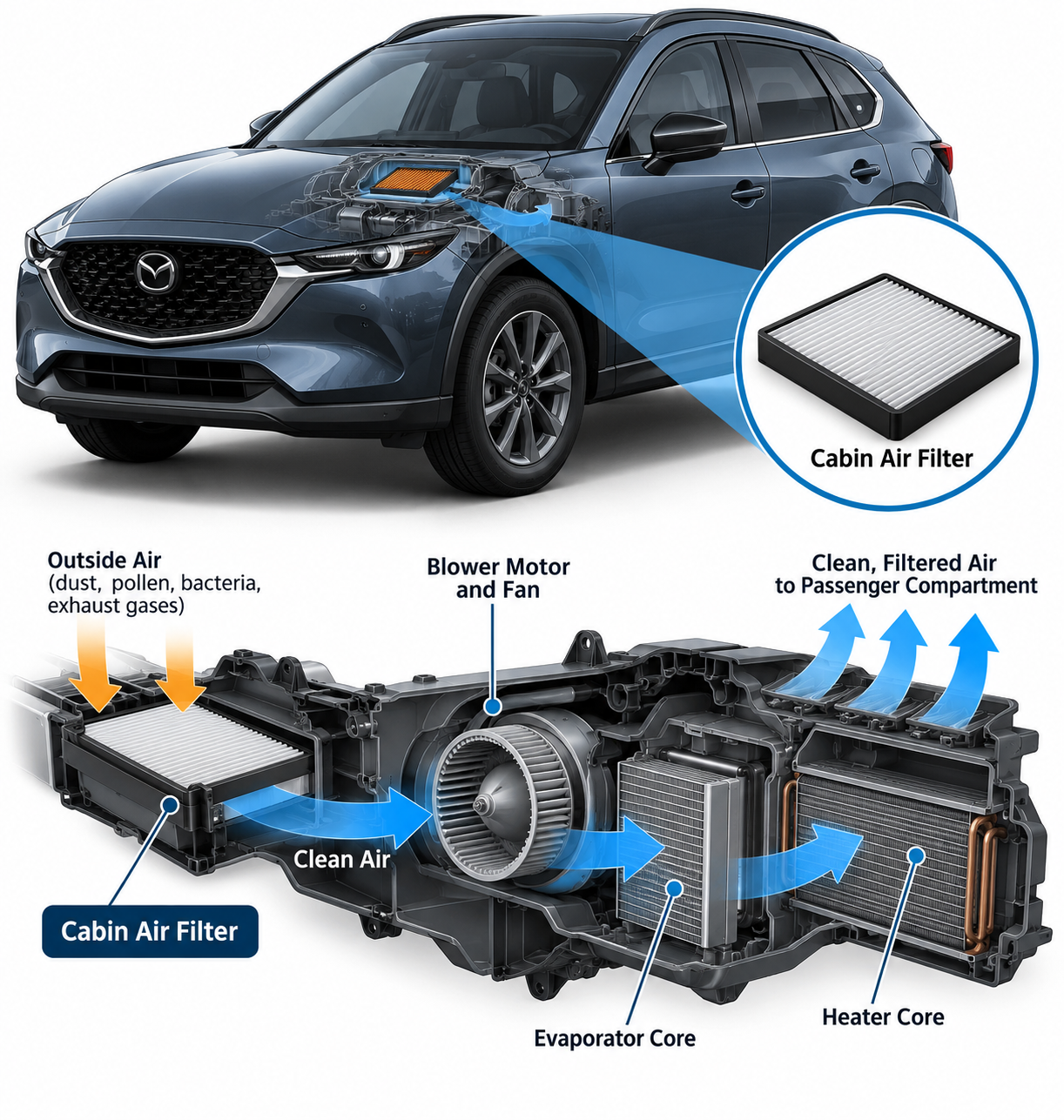 Diagram of a Mazda cabin air filter: outside air carrying dust, pollen and exhaust passes through the filter, then the blower motor and heater core, before clean air reaches the passenger compartment