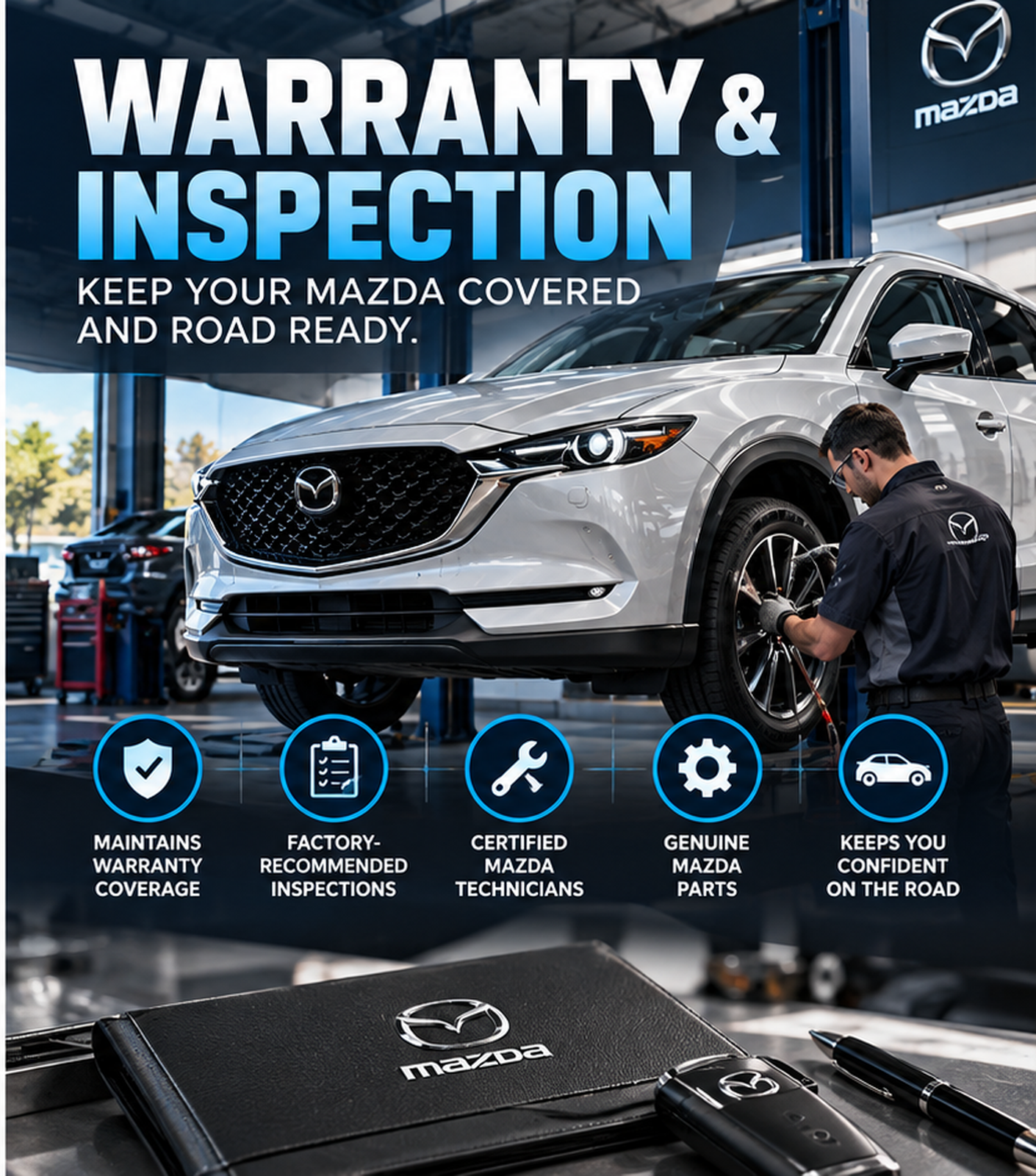 Mazda-trained technician completing the 160-point Certified Pre-Owned inspection at Romano Mazda