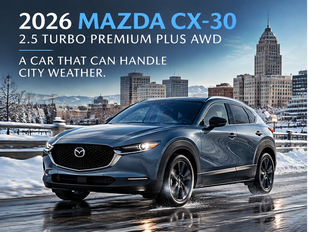 2026 Mazda CX-30 2.5 Turbo Premium Plus AWD interior showing heated seats, heated steering wheel and 10.25-inch display