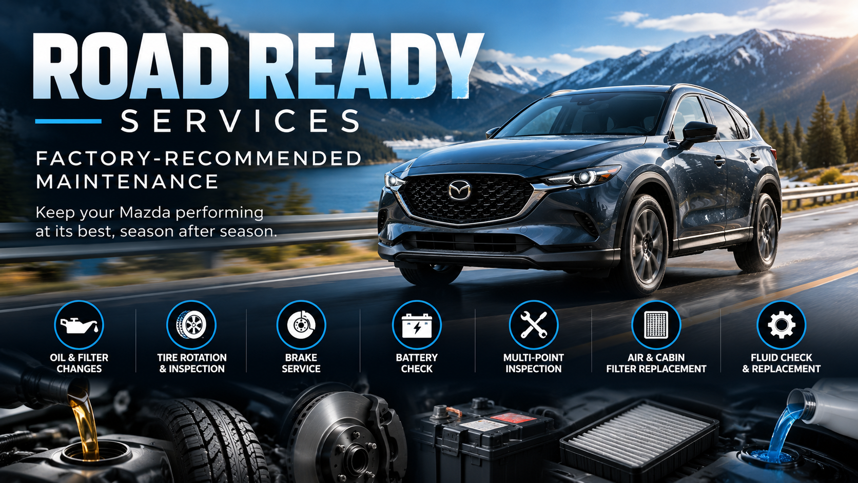 Mazda-trained technician reviewing a Road Ready inspection checklist with a customer at Romano Mazda