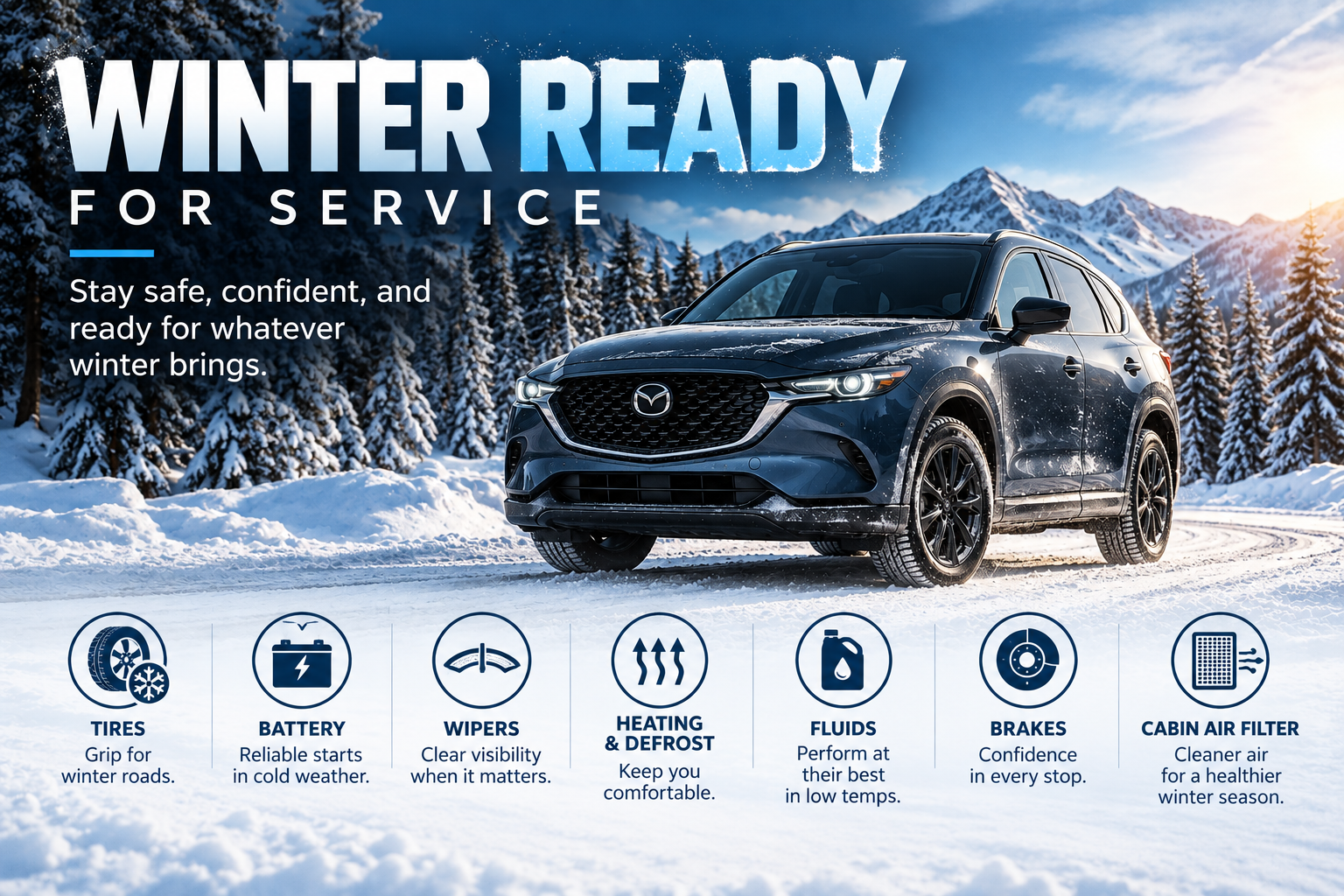 Mazda-trained technician performing a winter readiness inspection at Romano Mazda